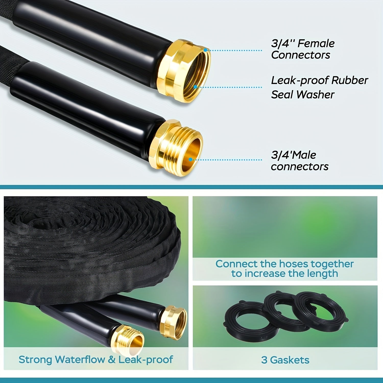 100ft/50ft Non-Expandable Garden Hose, Innovative Anti-Kink Technology, Kink Free Flexible Water Hose with 10-Pattern Spray Nozzle, 3/4" Brass Connectors, Leak Proof, Non-expansive Hose Covering Fabric for Lawn, Yard, Car Washing, And Outdoor Use