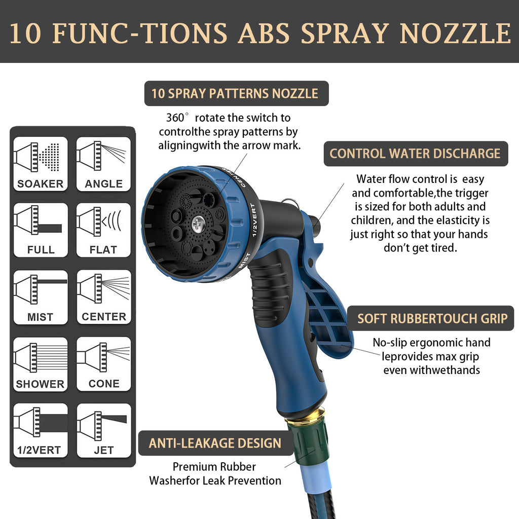 Heavy Duty Non-Expanding Garden Hose 50/100ft - Durable Reinforced Water Hose with Leak-Proof Construction， Kink-Resistant, TPV material, 10-Function Spray Nozzle, 3/4" Connector & Portable Strap Perfect for Cleaning, Forestry, And Gardening