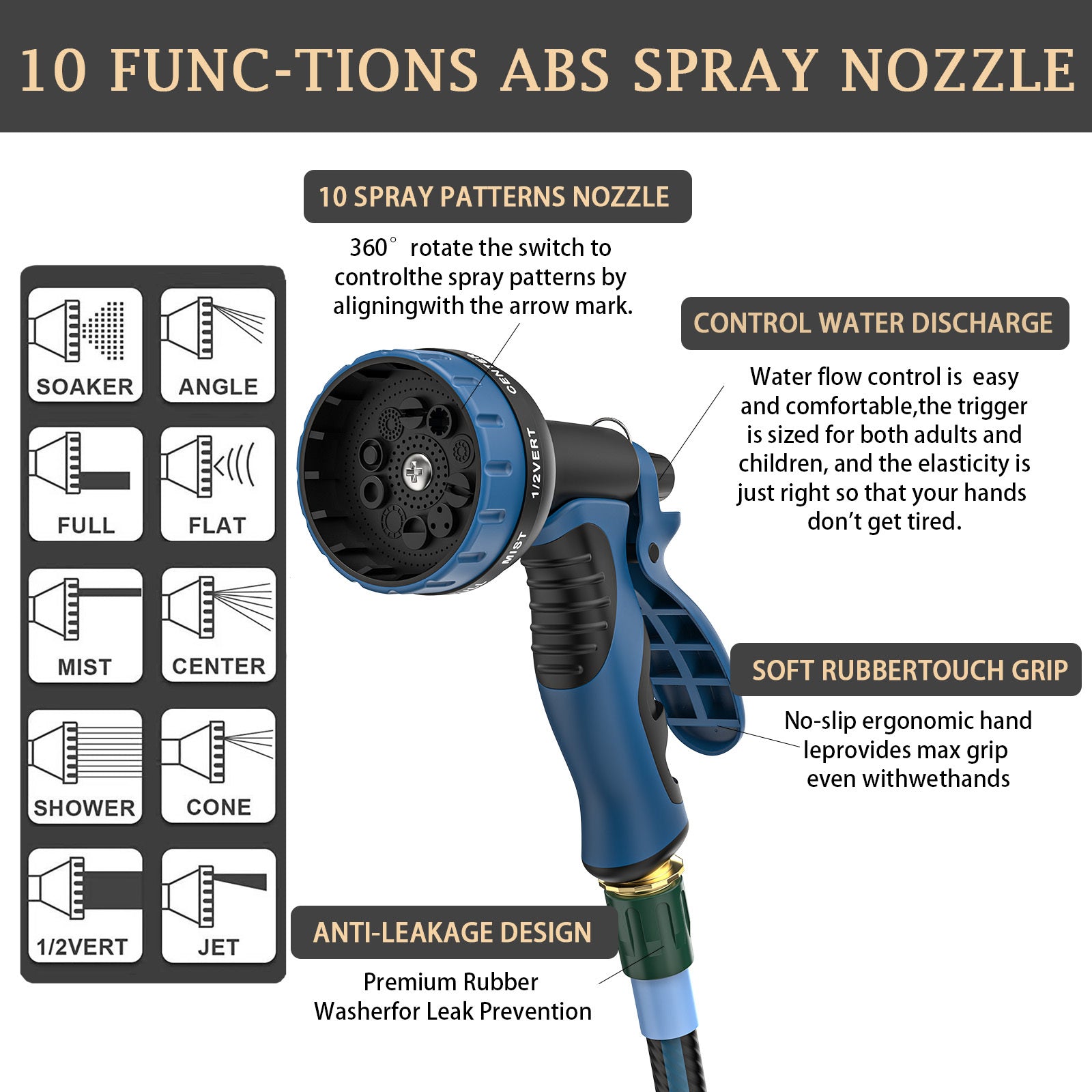 Heavy Duty Non-Expanding Garden Hose 50/100ft - Durable Reinforced Water Hose with Leak-Proof Construction， Kink-Resistant, TPV material, 10-Function Spray Nozzle, 3/4" Connector & Portable Strap Perfect for Cleaning, Forestry, And Gardening