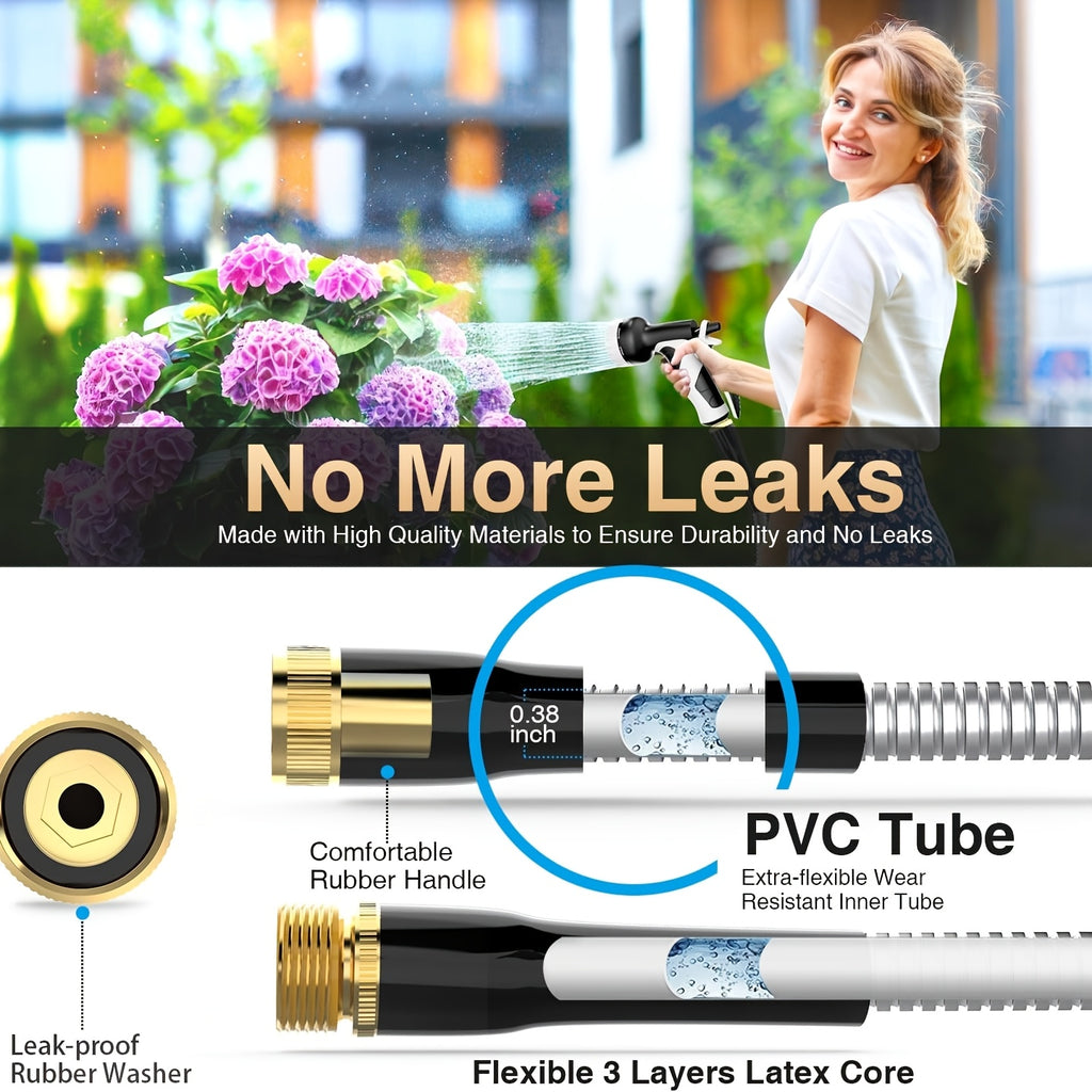 1pc FlexiHose Pro 75FT Expandable Garden Hose, 3/4" Heavy Duty Stainless Steel Rubber Coil with 10-Function Spray Nozzle, Flexible, Kink & Tangle Free, Puncture Resistant, US Standard