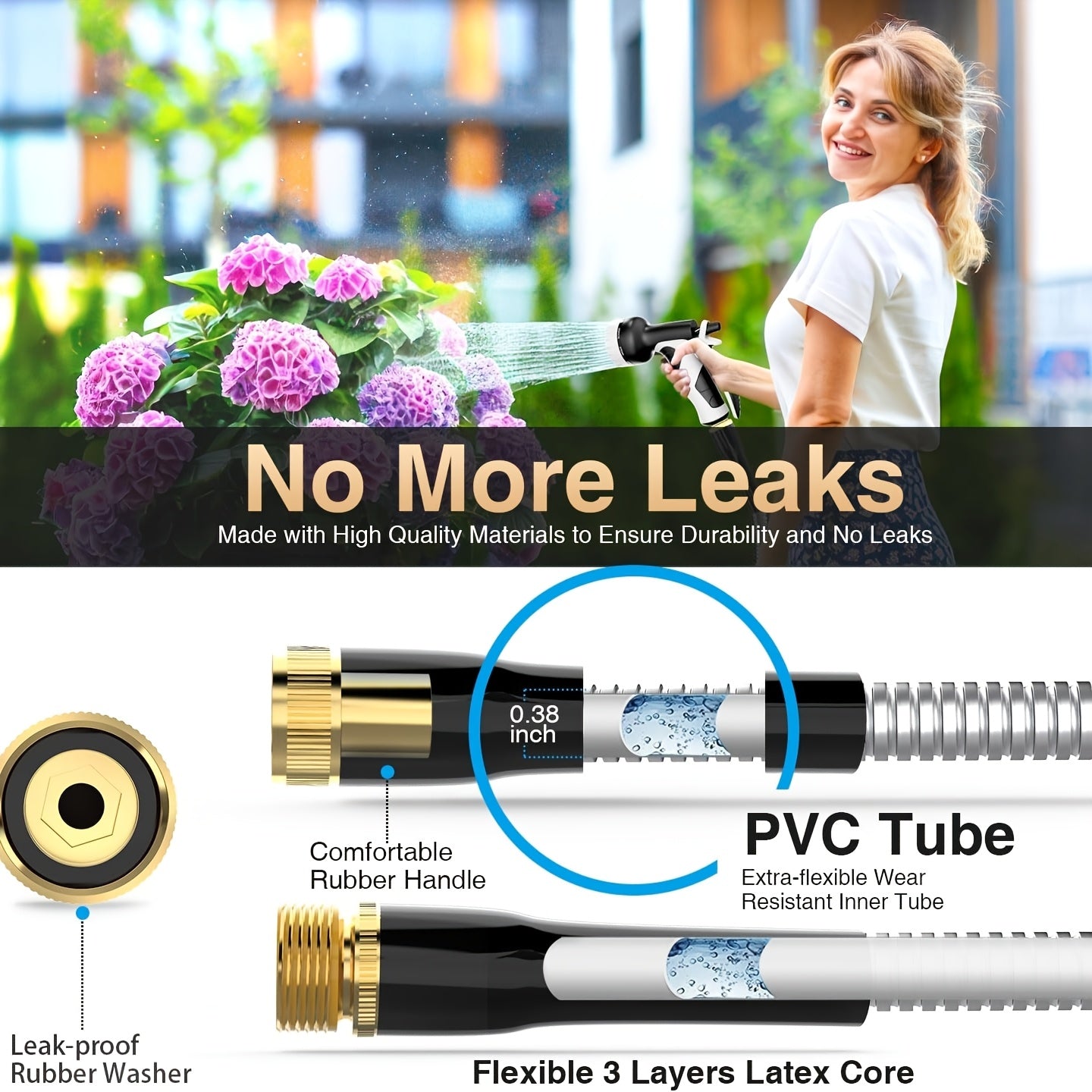1pc FlexiHose Pro 75FT Expandable Garden Hose, 3/4" Heavy Duty Stainless Steel Rubber Coil with 10-Function Spray Nozzle, Flexible, Kink & Tangle Free, Puncture Resistant, US Standard