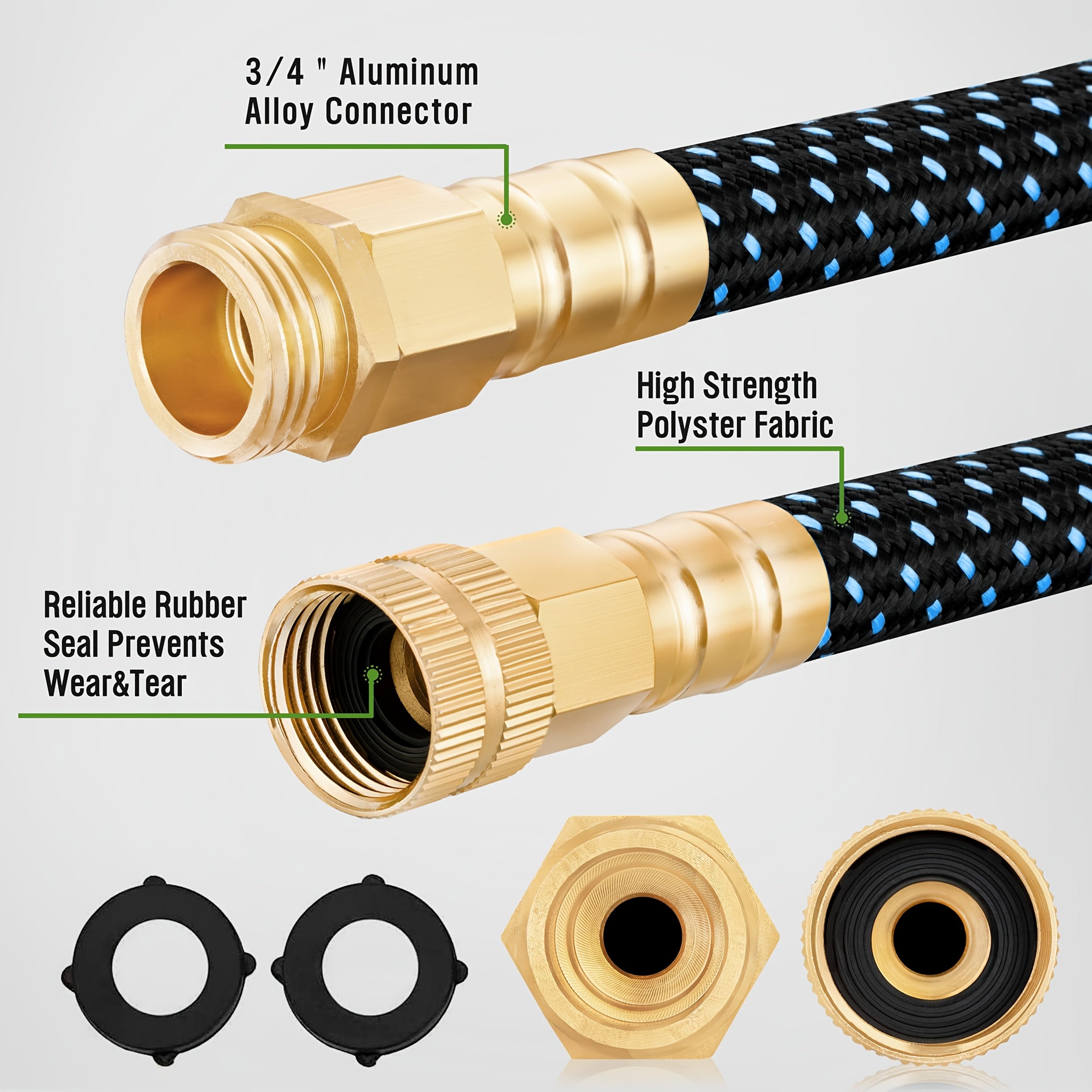 100ft Garden Hose with 10-Function High-Pressure Spray Nozzle, Lightweight Water Hose for Yard, Leakproof Design, Durable Rubber Material, with 3/4" Solid Brass Fittings, Water Hose for Yard, Lawn, Car Wash & Outdoor Use, 25/50/75/100ft Choosable