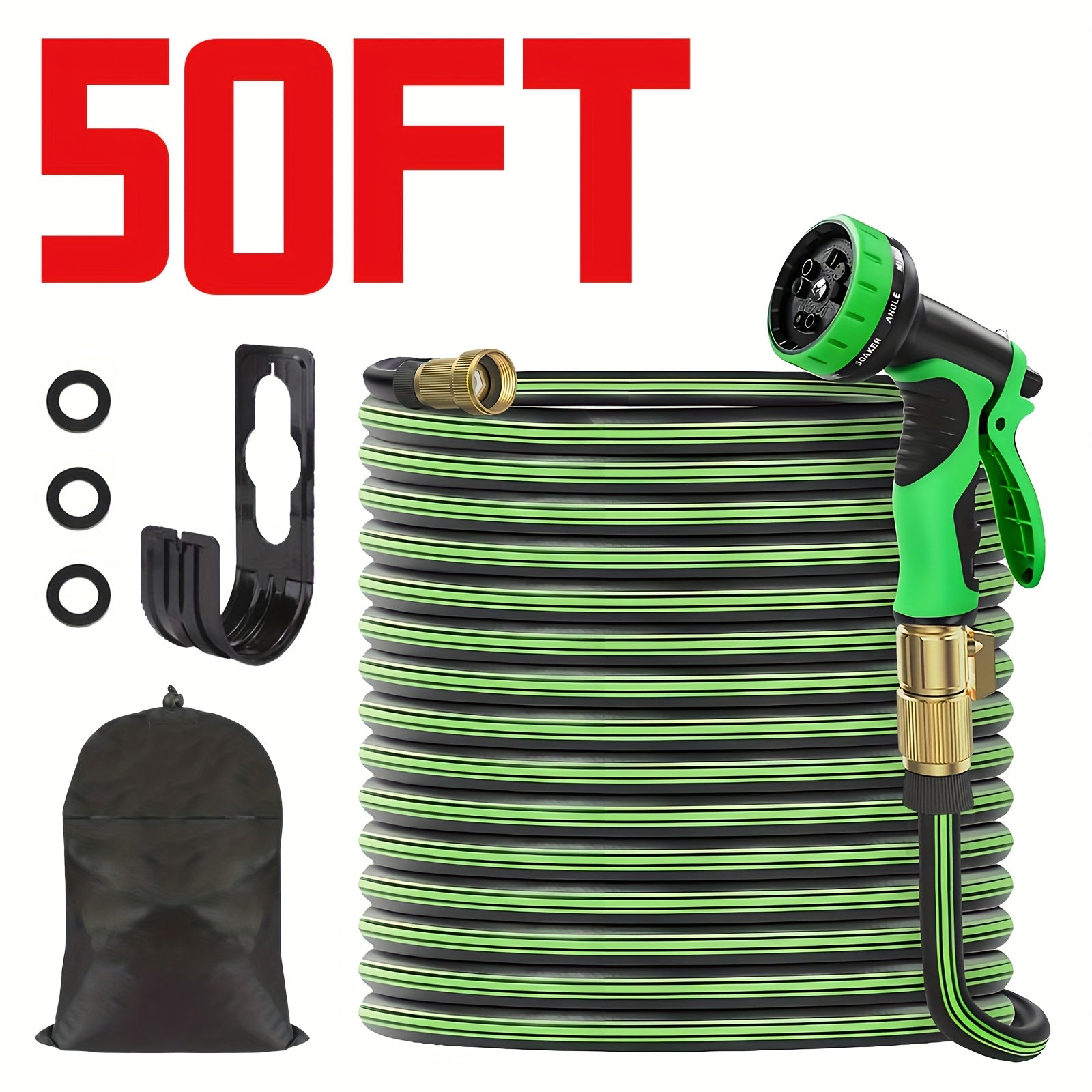 50ft Heavy-duty Rubber Garden Hose with 10 Function High-pressure Nozzle, 3/4 Inch Solid Brass Leak Proof Joint, American Standard Thread, Suitable for Outdoor Cleaning, Gardening And Lawn Care, Bright Pattern Design, Sturdy Structure