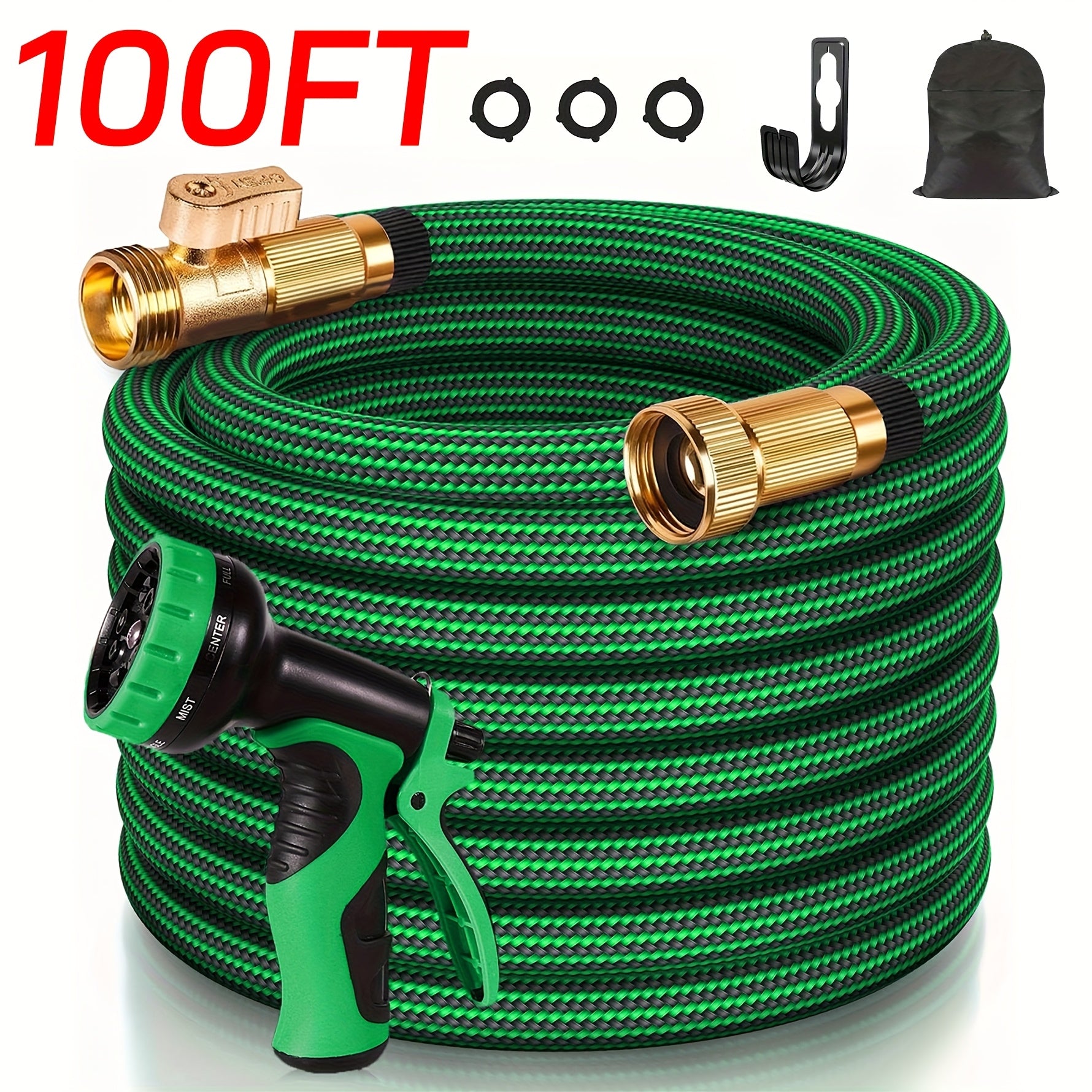 100 Foot Heavy-duty Garden Hose, 10 Types Of High-pressure Nozzles, 3/4 Inch Solid Brass Fittings, Leak Proof Design, Durable Rubber Material, Corrosion-resistant, Can Be Used for Watering Gardens And Cleaning Houses, Cars, Yards, Pet Bathrooms, Etc.