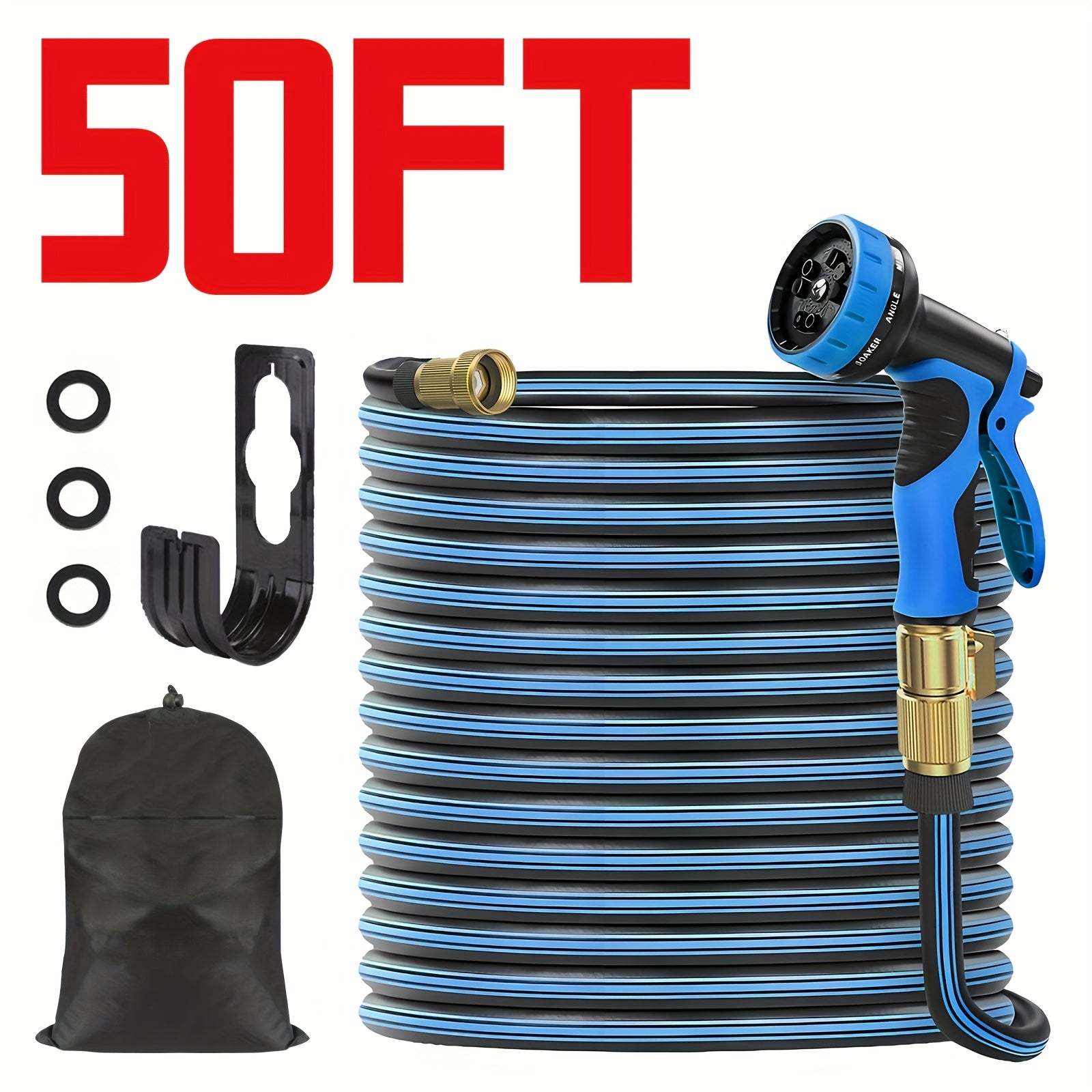 50ft Heavy-duty Rubber Garden Hose with 10 Function High-pressure Nozzle, 3/4 Inch Solid Brass Leak Proof Joint, American Standard Thread, Suitable for Outdoor Cleaning, Gardening And Lawn Care, Bright Pattern Design, Sturdy Structure
