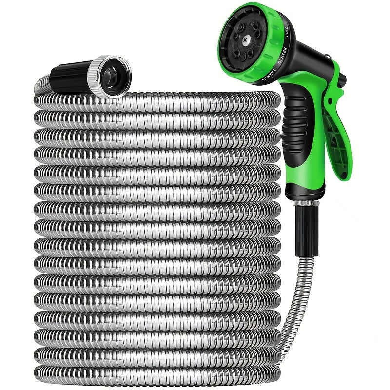 1pc FlexiHose Pro 75FT Expandable Garden Hose, 3/4" Heavy Duty Stainless Steel Rubber Coil with 10-Function Spray Nozzle, Flexible, Kink & Tangle Free, Puncture Resistant, US Standard