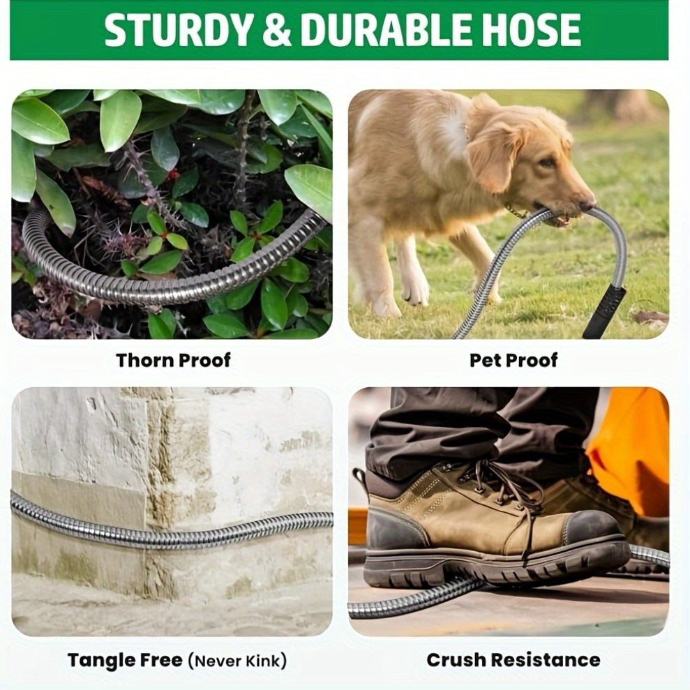 1pc FlexiHose Pro 75FT Expandable Garden Hose, 3/4" Heavy Duty Stainless Steel Rubber Coil with 10-Function Spray Nozzle, Flexible, Kink & Tangle Free, Puncture Resistant, US Standard