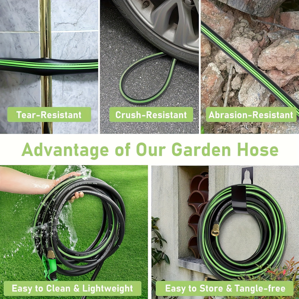 50ft Heavy-duty Rubber Garden Hose with 10 Function High-pressure Nozzle, 3/4 Inch Solid Brass Leak Proof Joint, American Standard Thread, Suitable for Outdoor Cleaning, Gardening And Lawn Care, Bright Pattern Design, Sturdy Structure