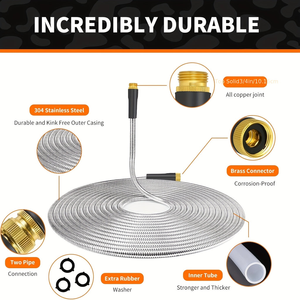 1pc FlexiHose Pro 75FT Expandable Garden Hose, 3/4" Heavy Duty Stainless Steel Rubber Coil with 10-Function Spray Nozzle, Flexible, Kink & Tangle Free, Puncture Resistant, US Standard