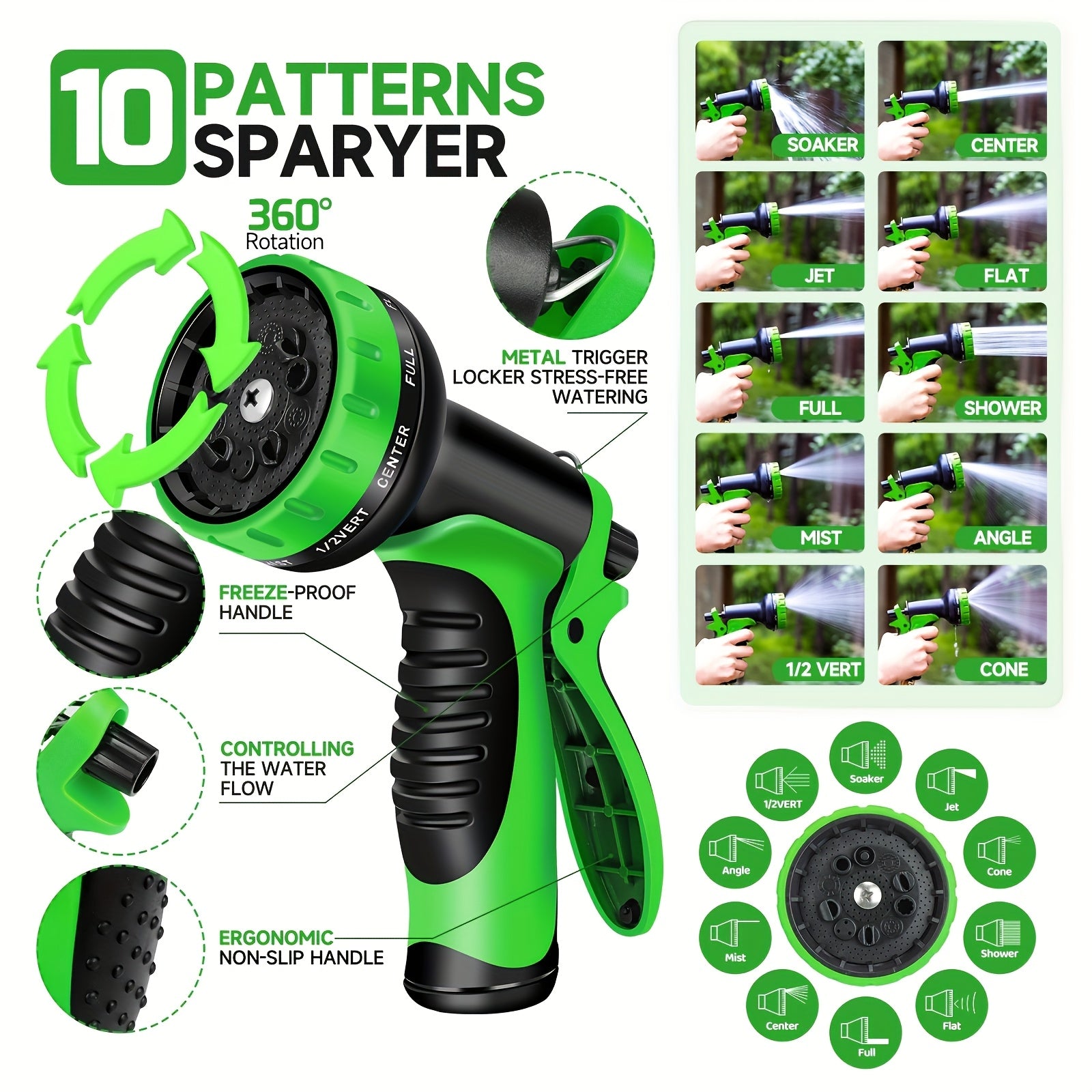 50ft Heavy-duty Rubber Garden Hose with 10 Function High-pressure Nozzle, 3/4 Inch Solid Brass Leak Proof Joint, American Standard Thread, Suitable for Outdoor Cleaning, Gardening And Lawn Care, Bright Pattern Design, Sturdy Structure