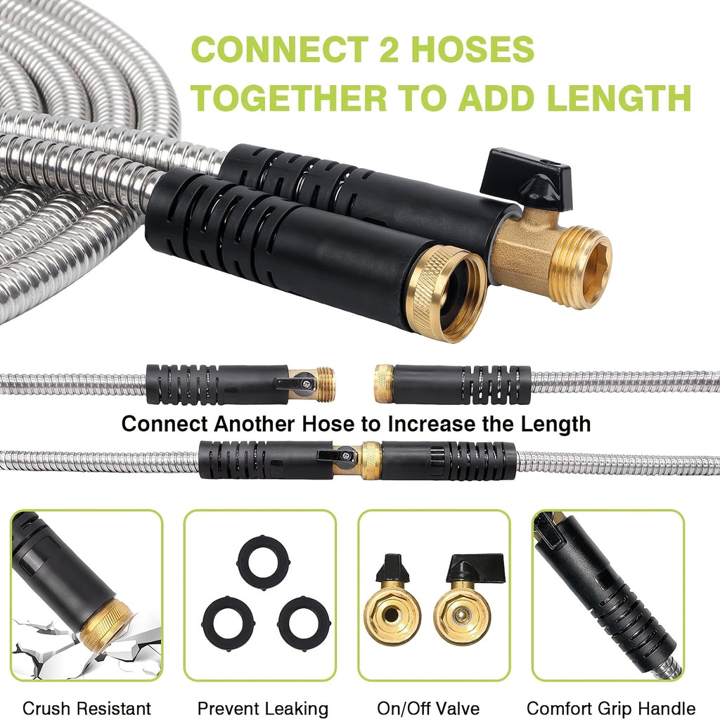 1pc FlexiHose Pro 75FT Expandable Garden Hose, 3/4" Heavy Duty Stainless Steel Rubber Coil with 10-Function Spray Nozzle, Flexible, Kink & Tangle Free, Puncture Resistant, US Standard