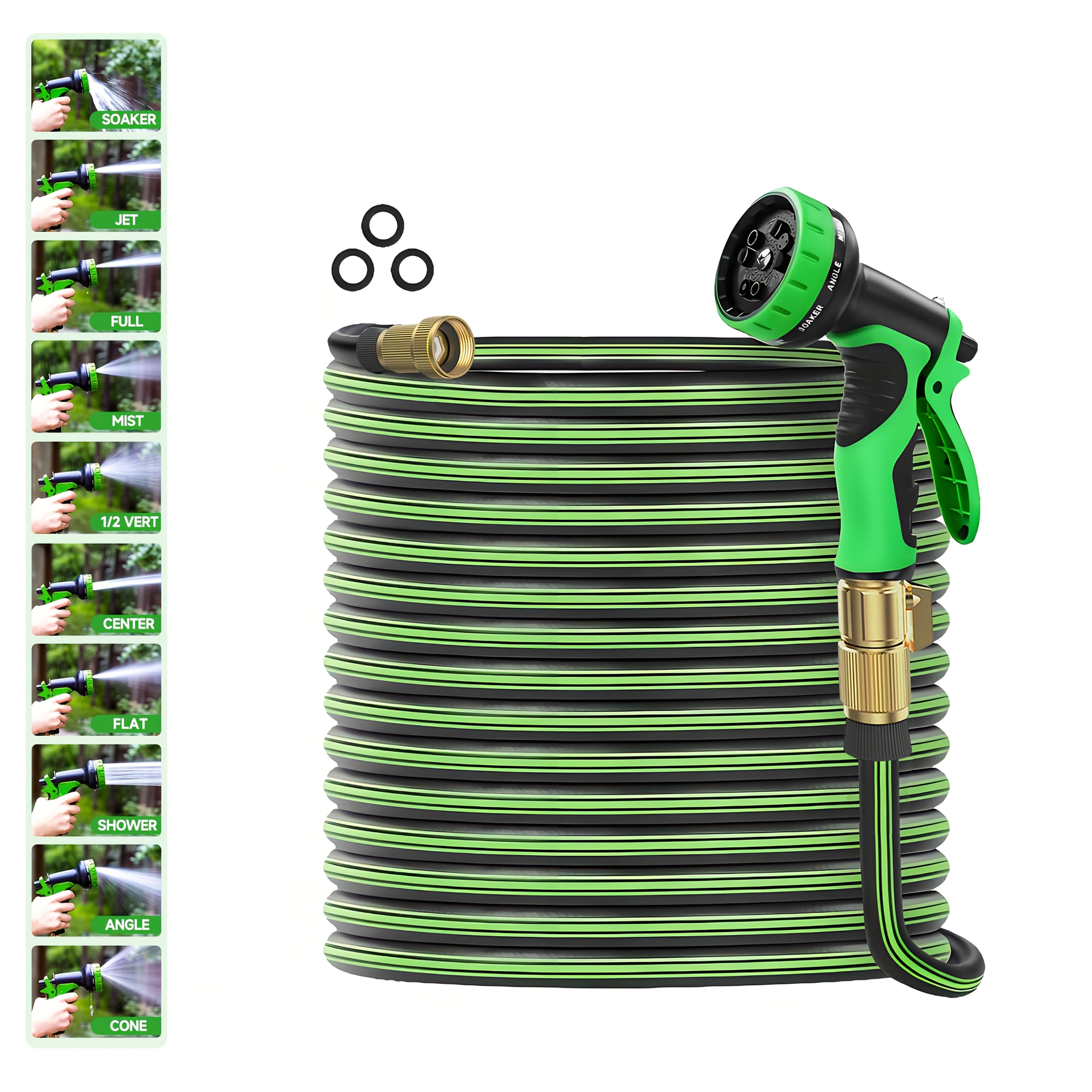 50ft Heavy-duty Rubber Garden Hose with 10 Function High-pressure Nozzle, 3/4 Inch Solid Brass Leak Proof Joint, American Standard Thread, Suitable for Outdoor Cleaning, Gardening And Lawn Care, Bright Pattern Design, Sturdy Structure