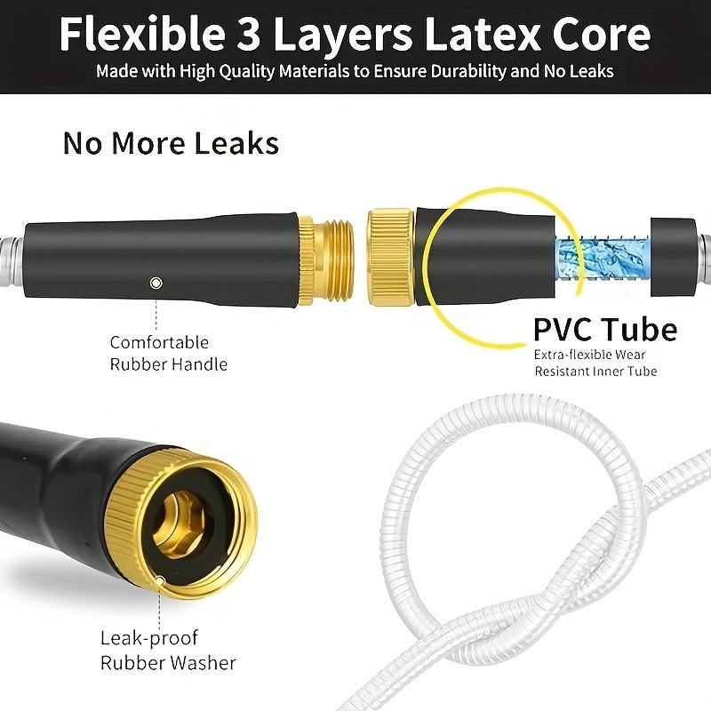 1pc FlexiHose Pro 75FT Expandable Garden Hose, 3/4" Heavy Duty Stainless Steel Rubber Coil with 10-Function Spray Nozzle, Flexible, Kink & Tangle Free, Puncture Resistant, US Standard