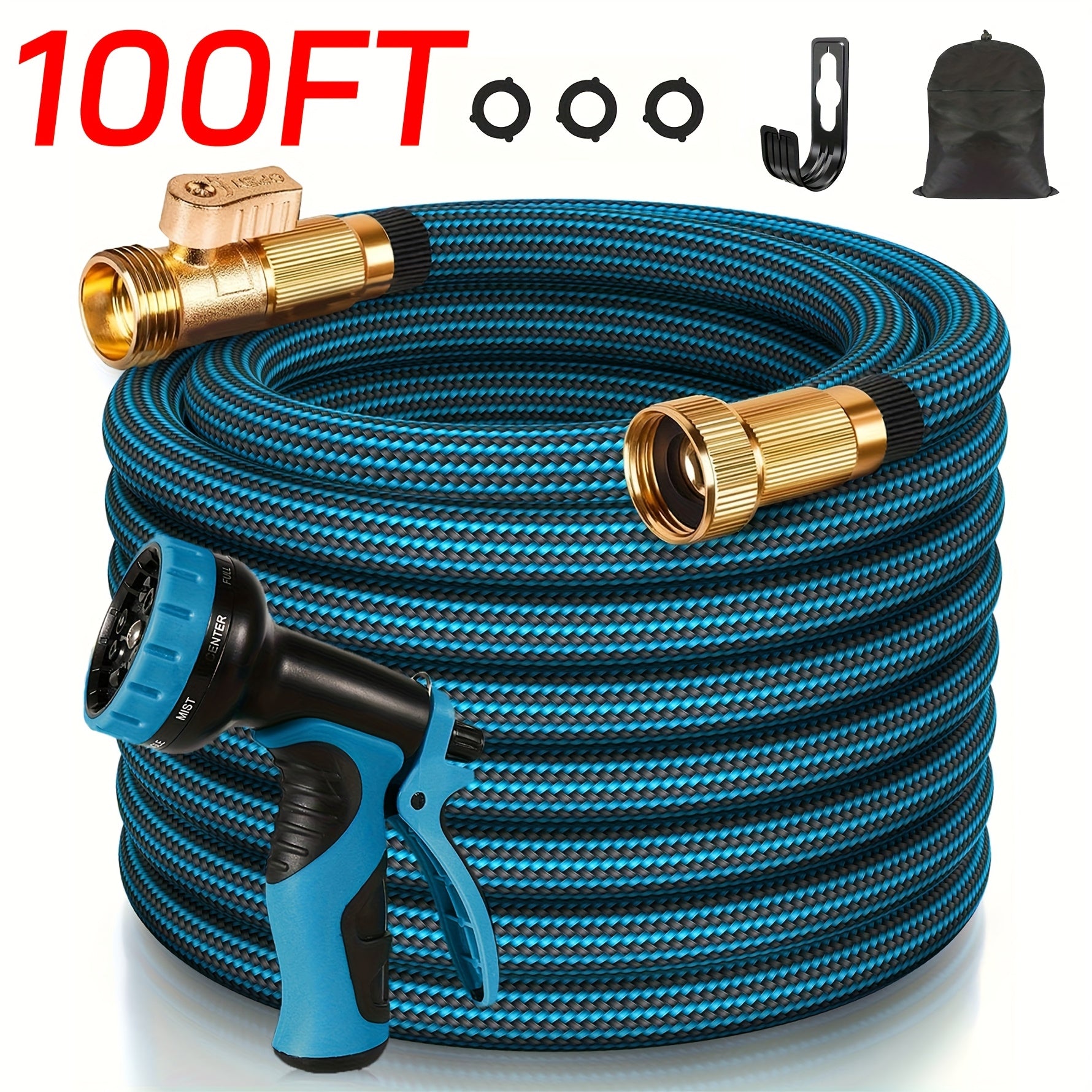 100 Foot Heavy-duty Garden Hose, 10 Types Of High-pressure Nozzles, 3/4 Inch Solid Brass Fittings, Leak Proof Design, Durable Rubber Material, Corrosion-resistant, Can Be Used for Watering Gardens And Cleaning Houses, Cars, Yards, Pet Bathrooms, Etc.