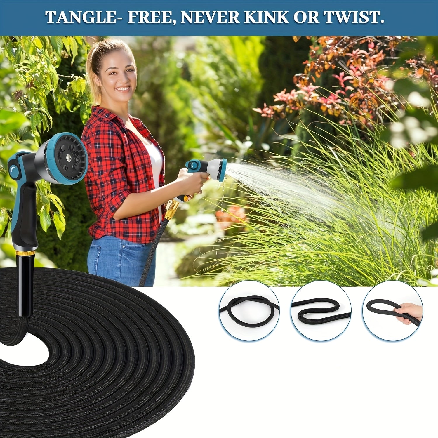 100ft/50ft Non-Expandable Garden Hose, Innovative Anti-Kink Technology, Kink Free Flexible Water Hose with 10-Pattern Spray Nozzle, 3/4" Brass Connectors, Leak Proof, Non-expansive Hose Covering Fabric for Lawn, Yard, Car Washing, And Outdoor Use