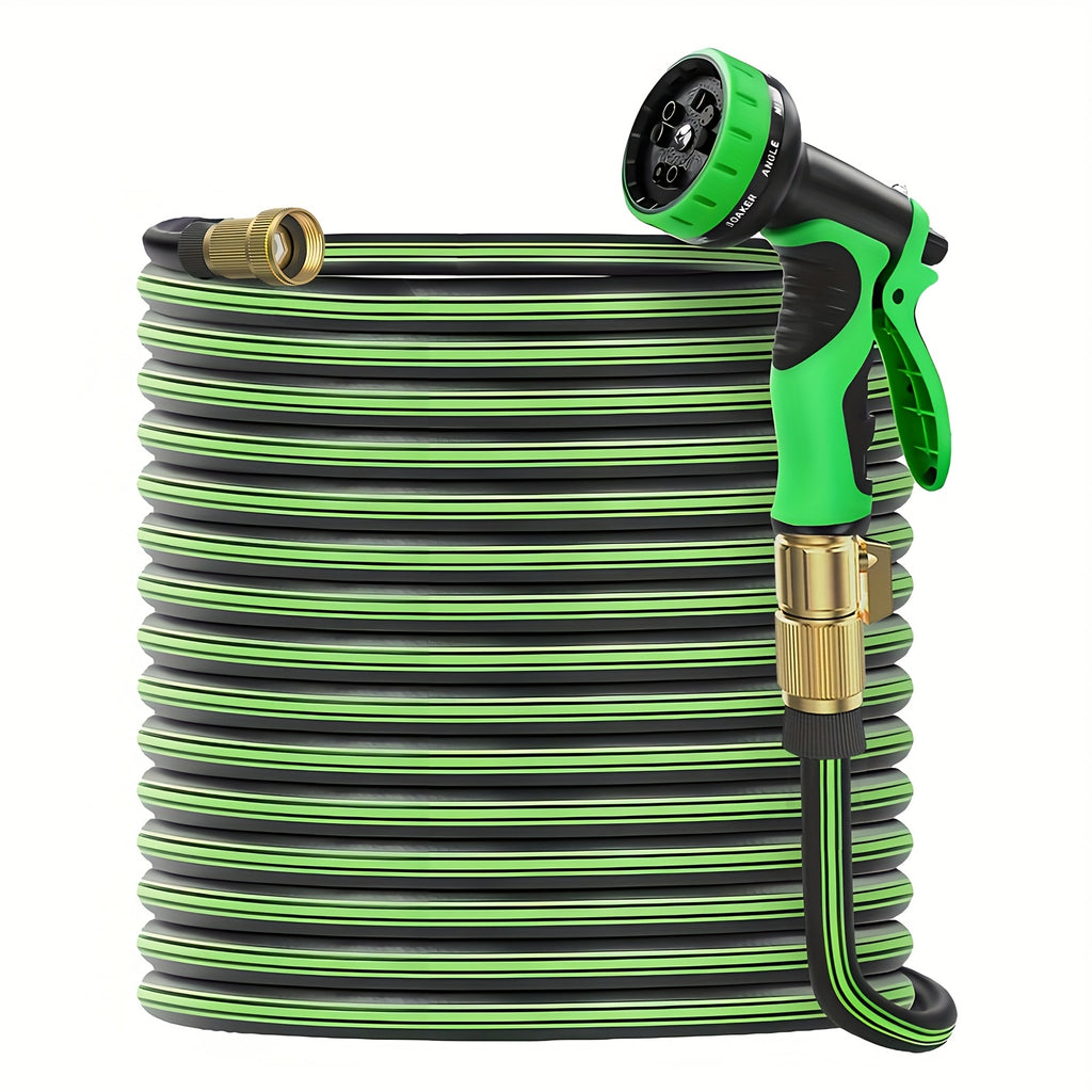 50ft Heavy-duty Rubber Garden Hose with 10 Function High-pressure Nozzle, 3/4 Inch Solid Brass Leak Proof Joint, American Standard Thread, Suitable for Outdoor Cleaning, Gardening And Lawn Care, Bright Pattern Design, Sturdy Structure